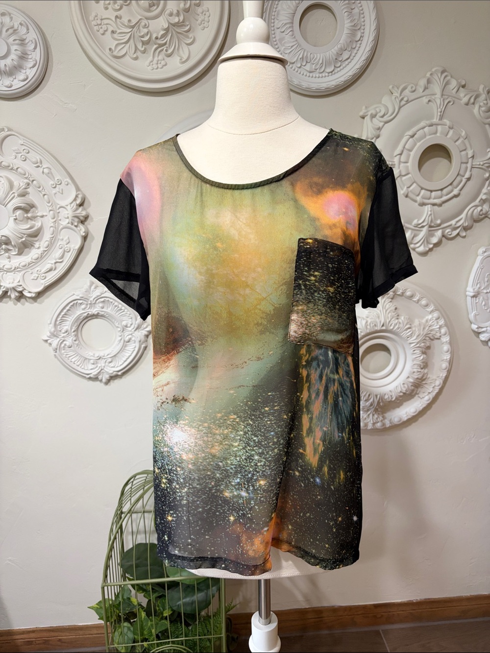 Women's Multi-Color Galaxy Print Short Sleeve Top